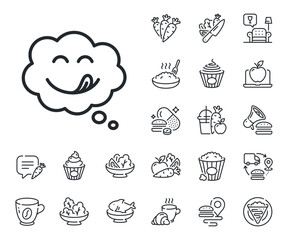 Emoticon with tongue sign. Crepe, sweet popcorn and salad outline icons. Yummy smile line icon. Comic speech bubble symbol. Yummy smile line sign. Pasta spaghetti, fresh juice icon. Vector