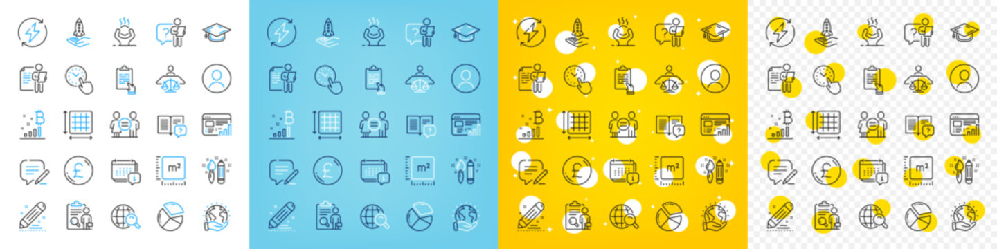 Vector icons set of Write, Pound money and Job interview line icons pack for web with Court judge, Square meter, Headshot outline icon. Pie chart, Instruction manual, Inspect pictogram. Vector