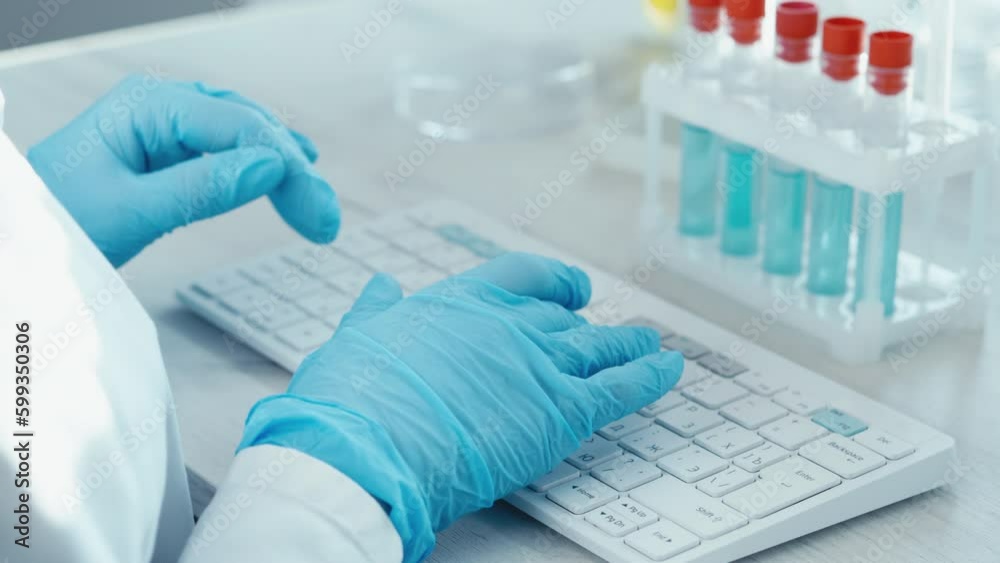 Poster Scientist in medical laboratory analyzes medical data and contributes to development science. Doctor types data on keyboard. Computer experiments in laboratory using biotechnology, chemical reactions