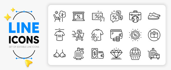 Online shopping, Discount and Dry t-shirt line icons set for app include Baggage cart, No handbag, Wash t-shirt outline thin icon. Wallet, Businessman case, Diamond pictogram icon. Vector