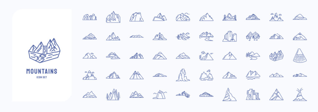 A collection sheet of outline icons for Mountains and hills landscape, including icons like Block Mountain, Fell, Hill,  and more