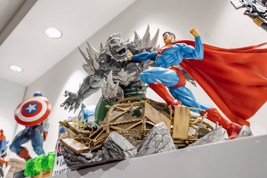 17 January 2023, Dubai, UAE: Fighting Superman and other superheroes on the shelf of comics store