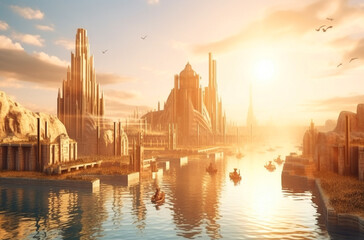 Fototapeta premium Fantasy city surrounded by river on the sunny landscape. Ancient castle in morning sun rays. Generated AI.
