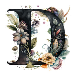 A watercolor letter "D" featuring intricate floral designs and delicate brushstrokes, capturing the essence of a flourishing garden in full bloom.