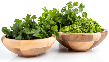Fresh herbs in a wooden bowl: coriander, parsley, cilantro, and basil.