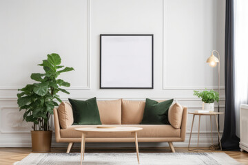 Scandinavian Living Room Elegance: Blank Poster Frame Mockup with Natural Light and Greenery
