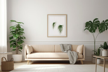 Scandinavian Living Room Elegance: Blank Poster Frame Mockup with Natural Light and Greenery