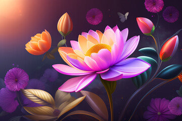 A colorful flower wallpaper with a butterfly on it. Generative Ai