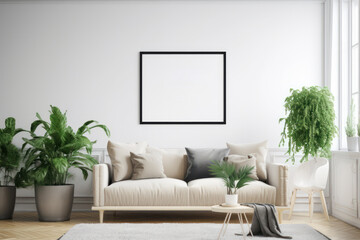 Scandinavian Living Room Elegance: Blank Poster Frame Mockup with Natural Light and Greenery
