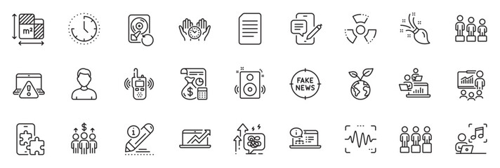 Icons pack as Online documentation, Edit and Phone chat line icons for app include Save planet, Online warning, Brush outline thin icon web set. Meeting, Chemical hazard, Document pictogram. Vector