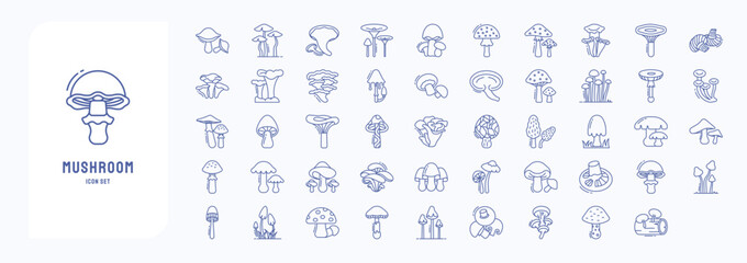 A collection sheet of outline icons for Mushroom, including icons like Fungi, Portobello, Toadstool fly agaric and more