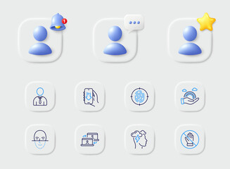 Lgbt, Corrupt and Outsource work line icons. Placeholder with 3d star, reminder bell, chat. Pack of Human, Download app, Fingerprint icon. Face recognition, Mindfulness stress pictogram. Vector