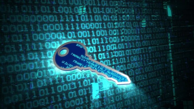 3D blue key glowing shining with blue binary code encryption data, Privacy security protection network encode decode online access concept