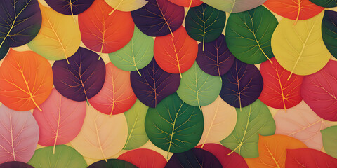 Fototapeta na wymiar Abstract colorful leaves panorama wallpaper background. Generative AI