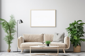 Fototapeta premium Scandinavian Living Room Elegance with Blank Poster Frame and Lush Greenery