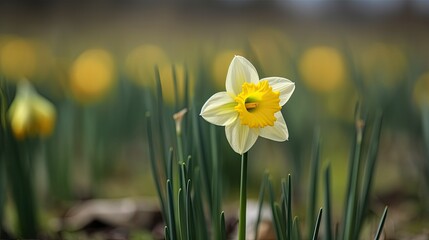 Close-up of a single daffodil blooming in the field in spring, field of daffodils on blurred background