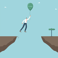 Follow a right development strategy, move a specified plan and achieve your goals, methods and ways to achieve success in a career or business, new opportunities, man on a balloon flies over a cliff. - obrazy, fototapety, plakaty