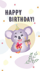 Happy birthday card with a cute koala. Children's postcard, greeting card, poster, cover.