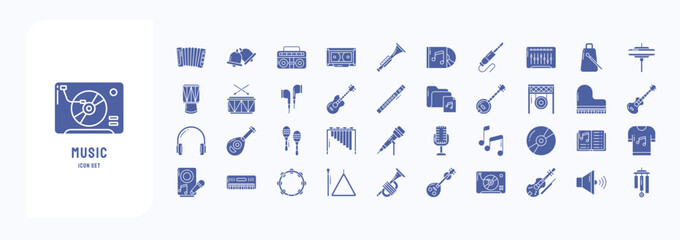 A collection sheet of solid icons for Music instrument, including icons like Accordion, Bell, Boombox, and more