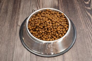 Dog food bowl on wooden floor