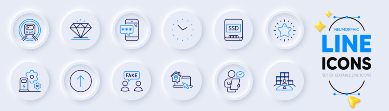 Phone password, Charging station and Star line icons for web app. Pack of Customer survey, Swipe up, Ssd pictogram icons. Metro subway, Work home, Fake information signs. Time, Diamond. Vector