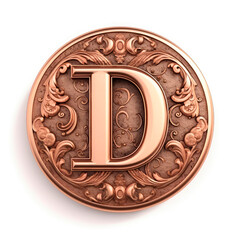 3d realistic Letter D of copper with ancient ornament