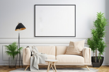 Scandinavian Living Room with Blank Poster Frame Mockup, Beige Sofa, and Green Plants