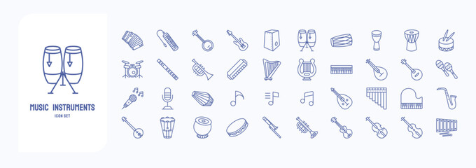 A collection sheet of outline icons for Music Instruments, including icons like Accordion, Banjo, Bass Guitar, Conga and more © Icongeek26