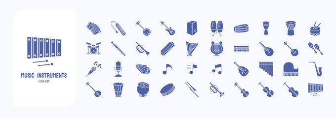 A collection sheet of solid icons for Music Instruments, including icons like Accordion, Banjo, Bass Guitar, Conga and more