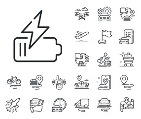 Charge accumulator sign. Plane, supply chain and place location outline icons. Battery line icon. Electric power symbol. Battery line sign. Taxi transport, rent a bike icon. Travel map. Vector