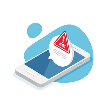 3d mobile phone scam alert. Attention or warning sign. Caution warning on a screen. Vector illustration in isometric style isolated.