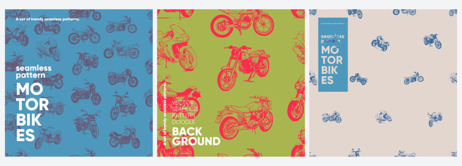 Fototapeta premium Motorbike. A set of vector seamless patterns. Trending illustrations for t-shirt prints, posters, labels, music covers.