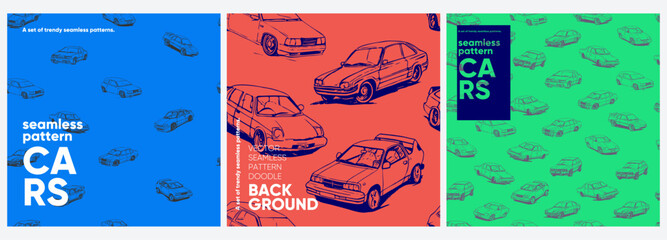 Cars pattern. A set of vector seamless patterns. Trending illustrations for t-shirt prints, posters, labels, music covers.