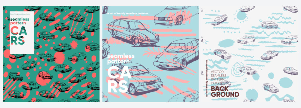 Cars pattern. A set of vector seamless patterns. Trending illustrations for t-shirt prints, posters, labels, music covers.