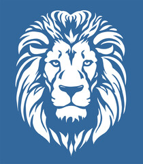 Lion head for logo or badge. Elegant minimalist style. Vector illustration isolated on blue. Stylized face of a lion.