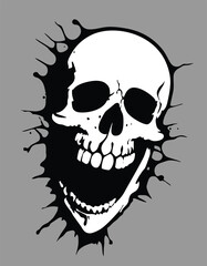 Vector illustration isolated in gray. Laughing stylized human skull in grunge style.