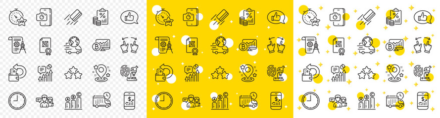 Outline Kpi, People talking and Phone photo line icons pack for web with Feedback, Vip timer, Delivery line icon. Cash back, Delivery service, Ranking stars pictogram icon. Bitcoin chart. Vector