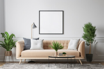 Scandinavian Living Room Elegance with Blank Poster Frame and Lush Greenery