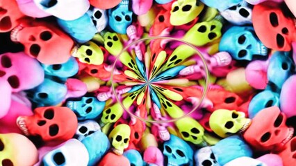 Halloween colorful kaleidoscope abstract background. Seamless animation of a zoom in candy skulls. - Powered by Adobe