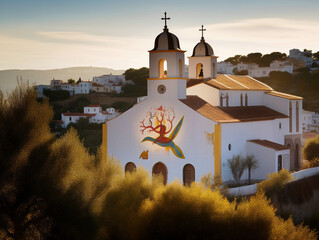 Fototapeta A Small Church Decorated on the Top of a Hill - generative AI obraz