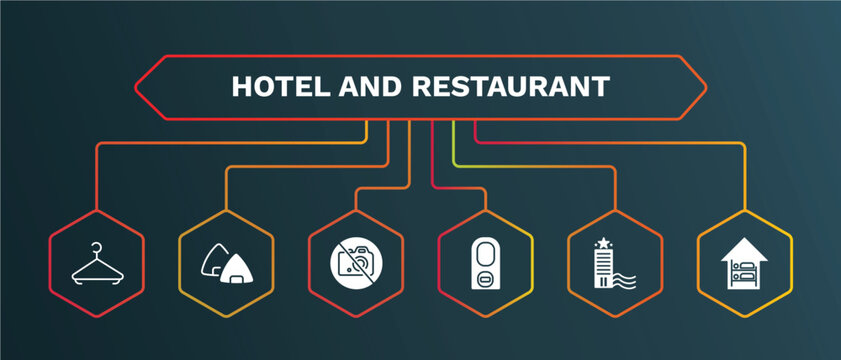 set of hotel and restaurant white filled icons. hotel and restaurant filled icons with infographic template. flat icons such as onigiri, no pictures, do not disturb, beach hotel, hostel vector.