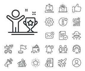 Award trophy sign. Salaryman, gender equality and alert bell outline icons. Winner cup line icon. Best achievement symbol. Winner cup line sign. Spy or profile placeholder icon. Vector