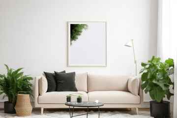Scandinavian Living Room Elegance with Blank Poster Frame and Lush Greenery
