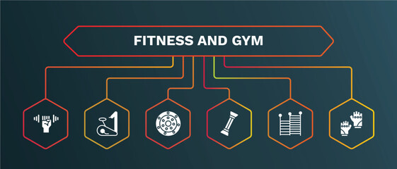 set of fitness and gym white filled icons. fitness and gym filled icons with infographic template. flat icons such as exercise bike, weight drive, arms extender, gym ladder, fitness gloves vector.