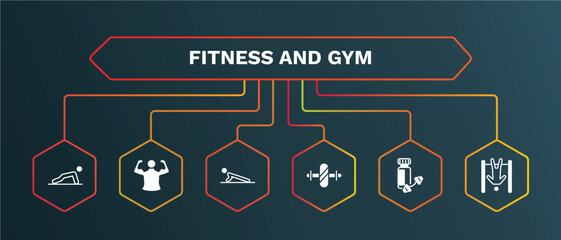 Naklejka na ściany i meble set of fitness and gym white filled icons. fitness and gym filled icons with infographic template. flat icons such as bodybuilder, push up, gymnastic roller, protein shake, exercise hang bar vector.