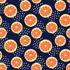 Orange citrus slice irregular seamless pattern on dark background. Modern summer fresh design. Vector illustration.