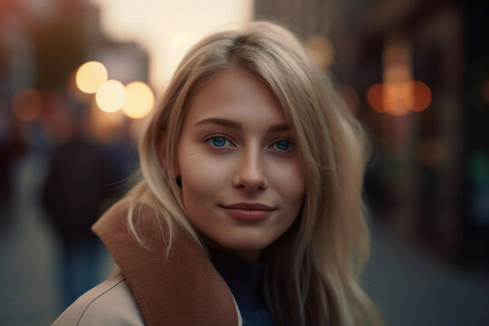 A photo of a KI generated fictional, non-existing, blonde woman in the city 