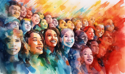 Watercolor Diversity,  All Faces Matter.  Embracing Diversity and Inclusion through a Vibrant Watercolor Painting of Humanity.  Generative Ai