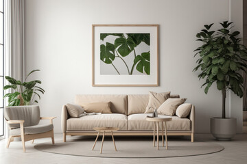 Contemporary Scandinavian Interior with Blank Art Frame and Botanical Elements