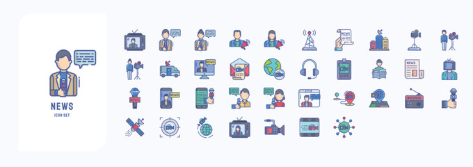A collection sheet of linear color icons for News and media, including icons like Anchor, Announcement, Antenna, Archive, and more